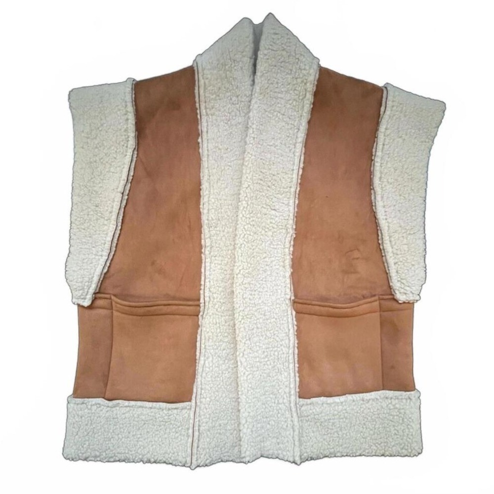 Entro Sherpa Lined Vest Camel Faux Suede Open Front Pockets Small